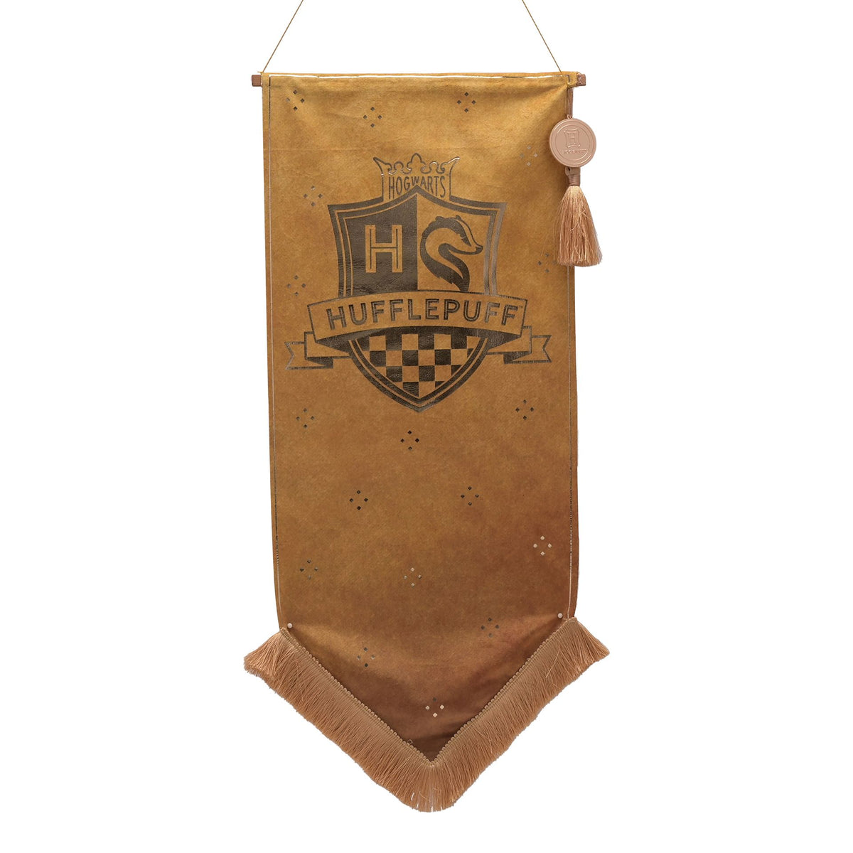 Hufflepuff hanging banner with crest emblem and tassel fringe on brown fabric