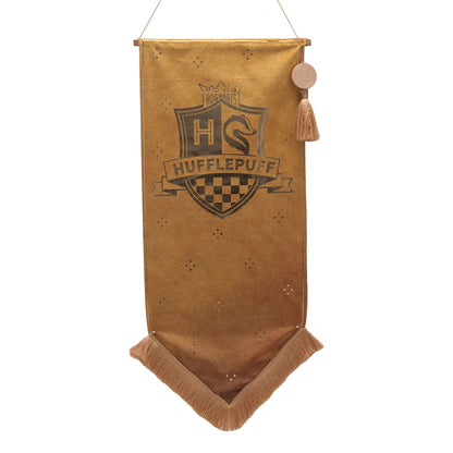 Hufflepuff hanging banner with crest emblem and tassel fringe on brown fabric