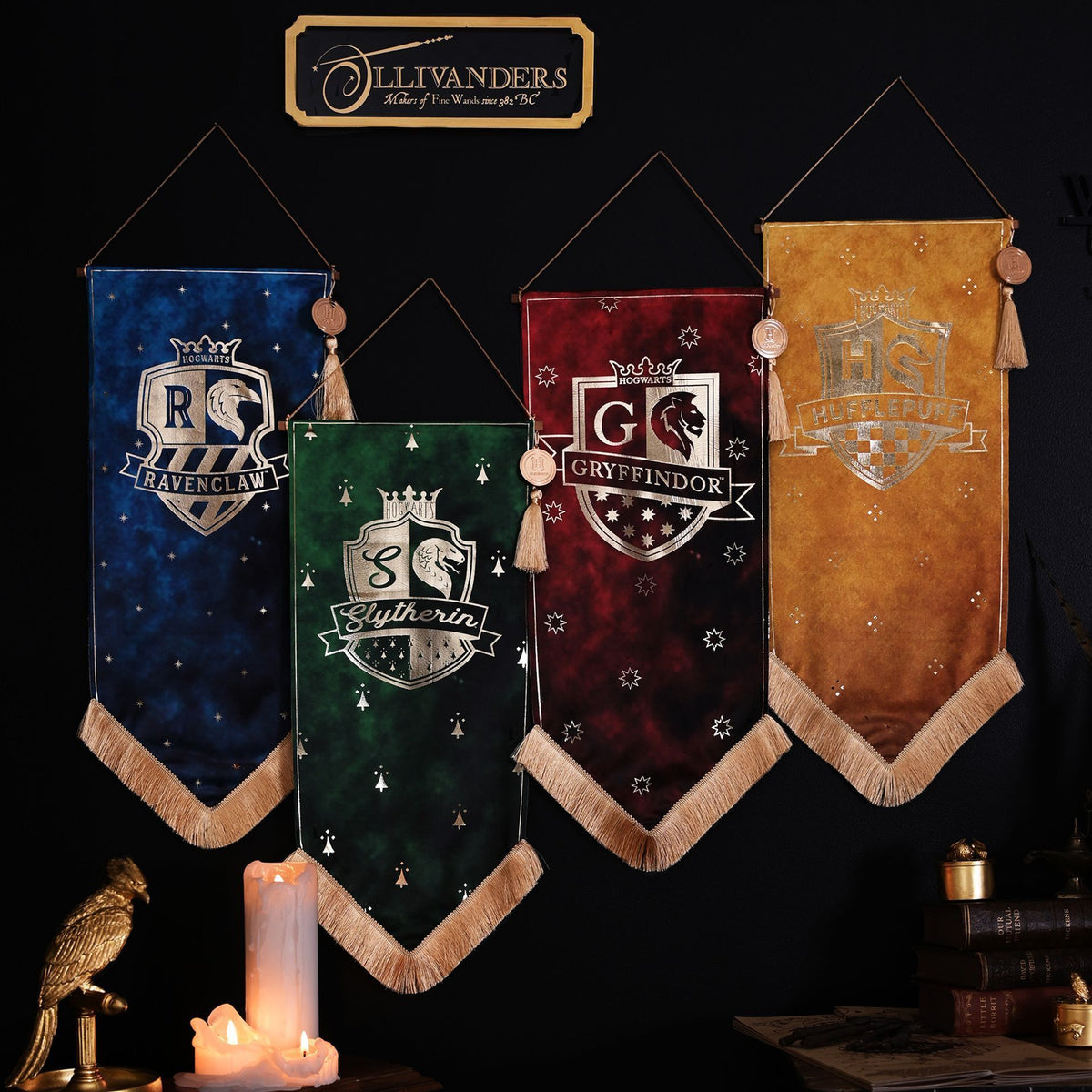 Set of hanging house banners; Hufflepuff banner in brown with gold crest