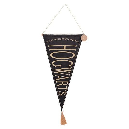 Hogwarts alumni hanging banner, dark triangular fabric with gold Hogwarts logo and tassel