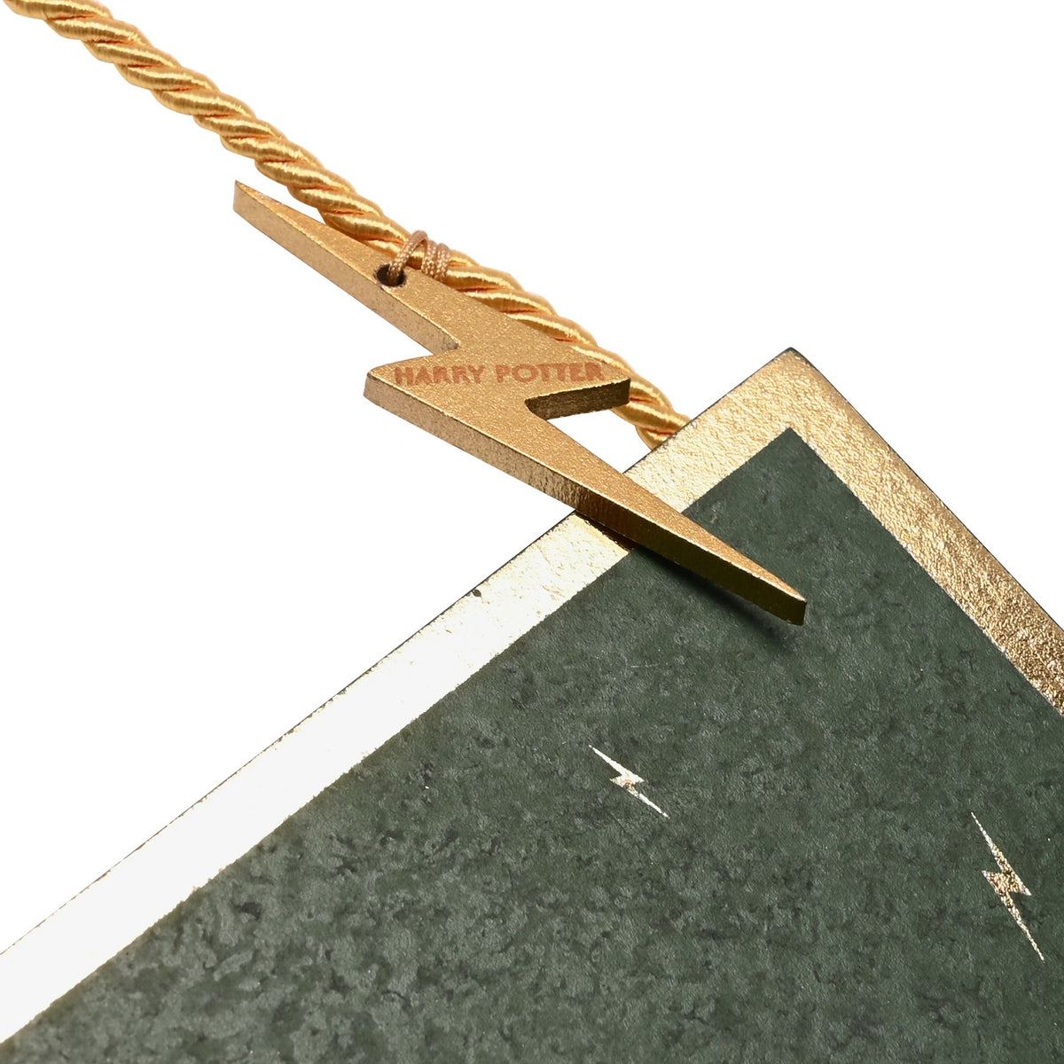 Gold-toned chain and clasp with green banner pendant details