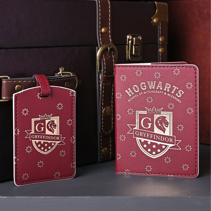 Burgundy Gryffindor passport holder and luggage tag set with Hogwarts crest