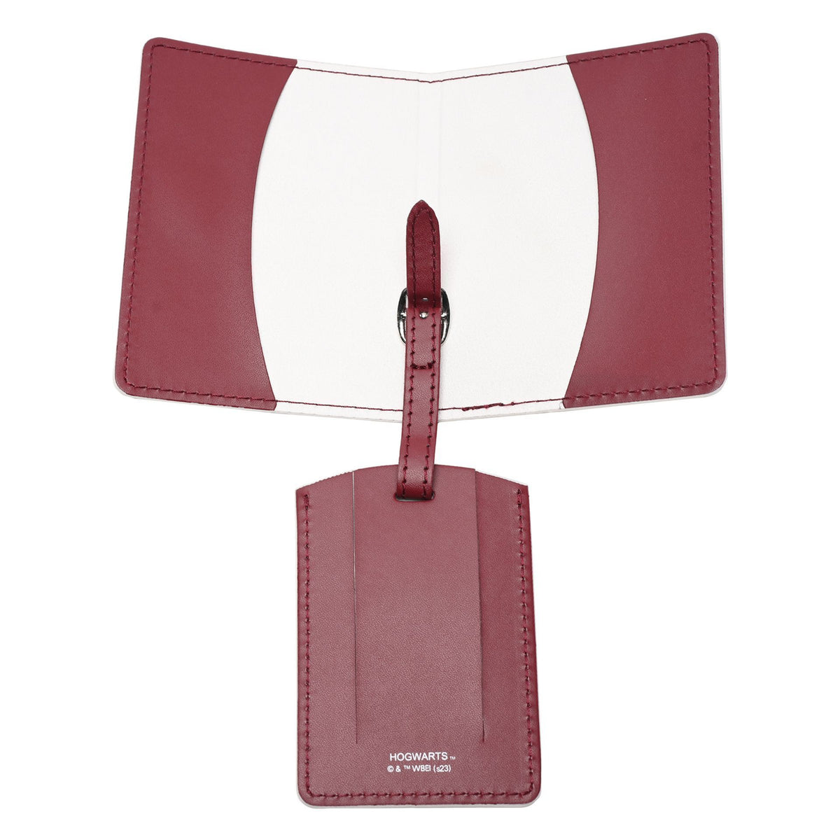 Burgundy passport holder opened with white interior panel and matching luggage tag
