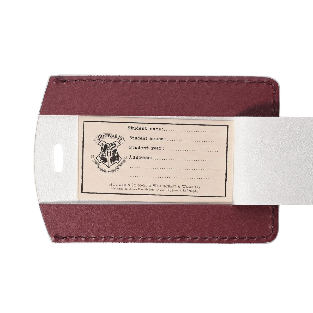 Burgundy passport holder with printed student information label