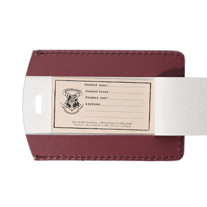 Burgundy passport holder with printed student information label