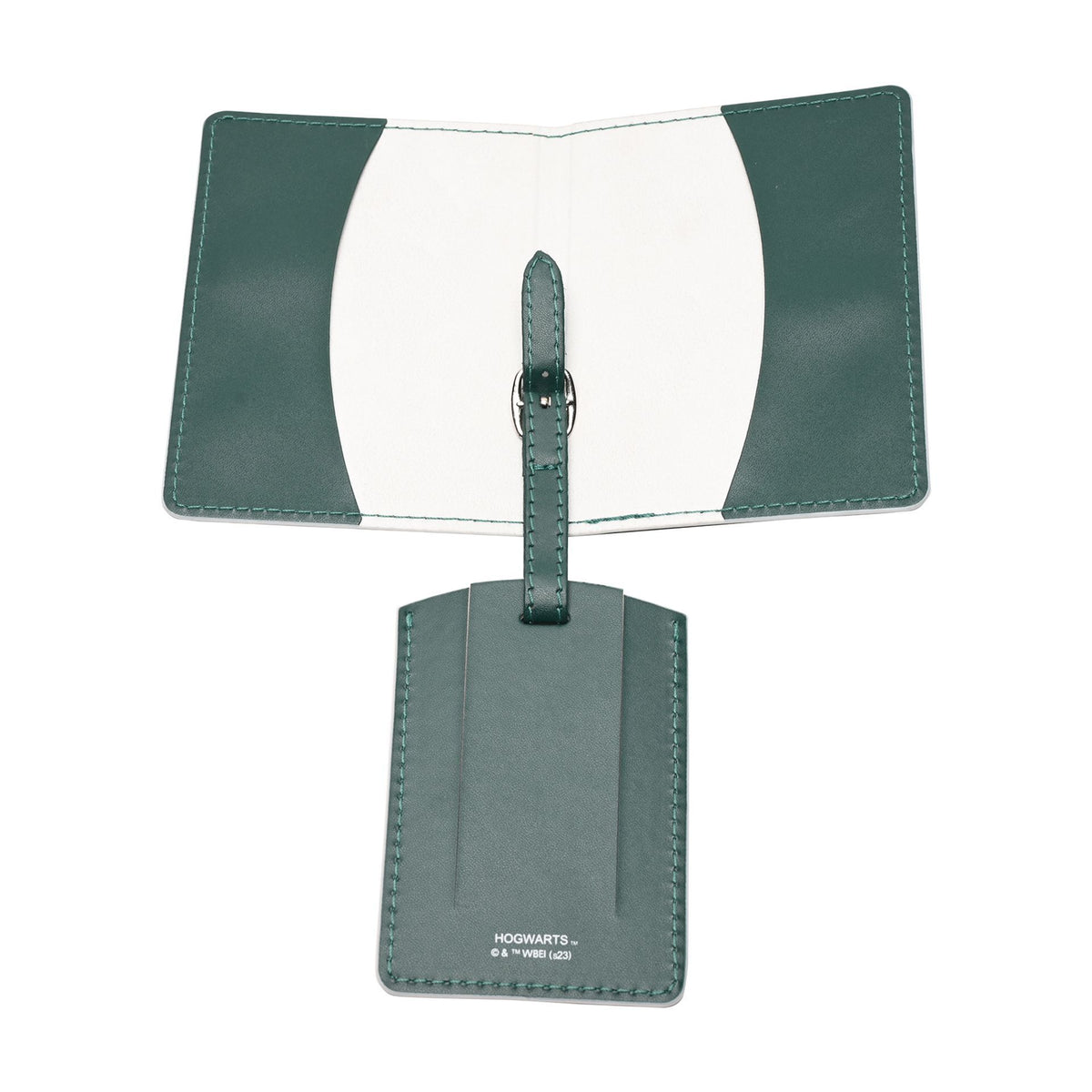 Slytherin passport holder with white insert and green luggage tag with Hogwarts text