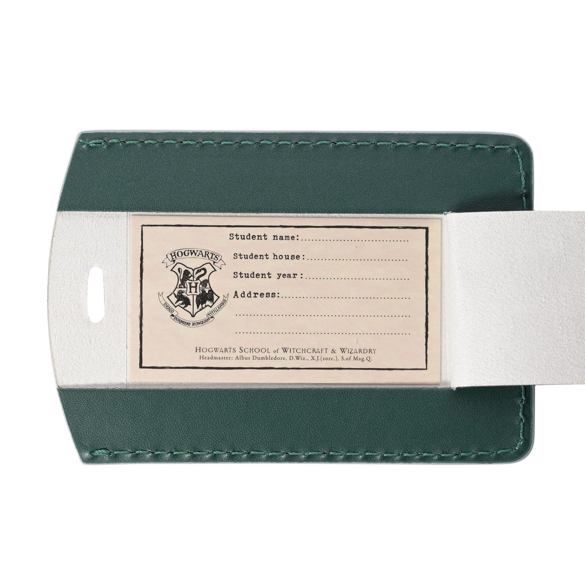 Slytherin passport holder open with label fields for name, house, year, and address