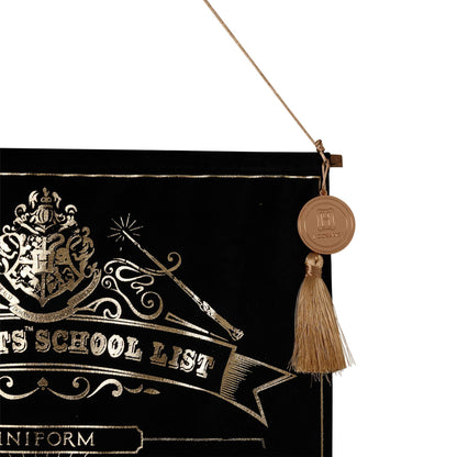 Hanging banner corner with Hogwarts crest, “School List” stripe, round seal and tassel