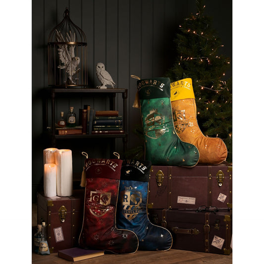 Hufflepuff alumni stocking in orange-brown fabric with yellow top and hanging tassel
