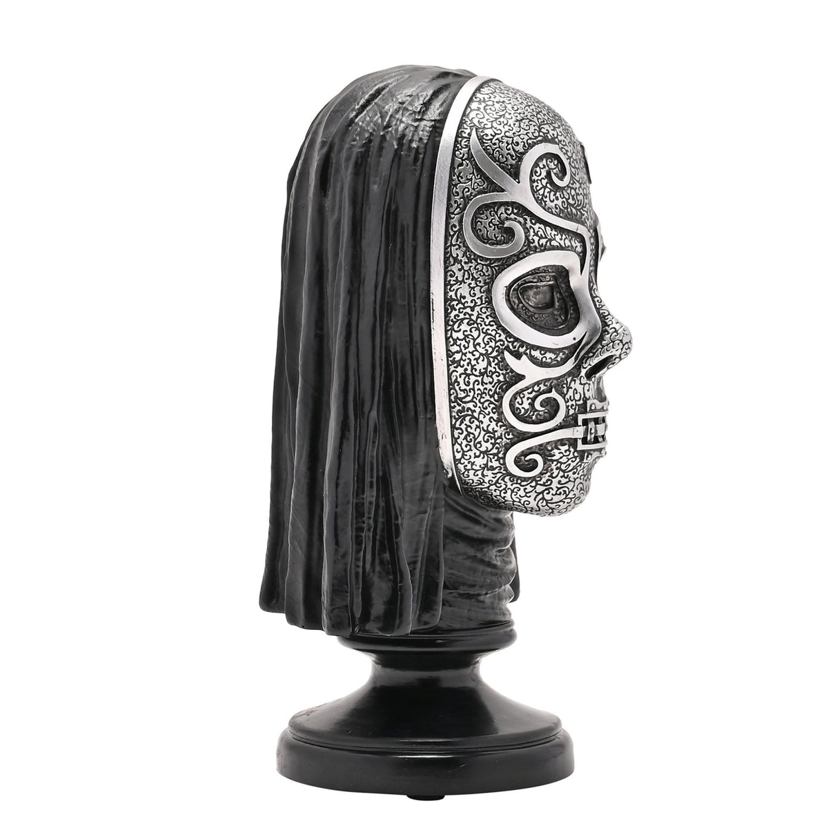 Side view of Death Eater bust figurine with silver skull face and black hood