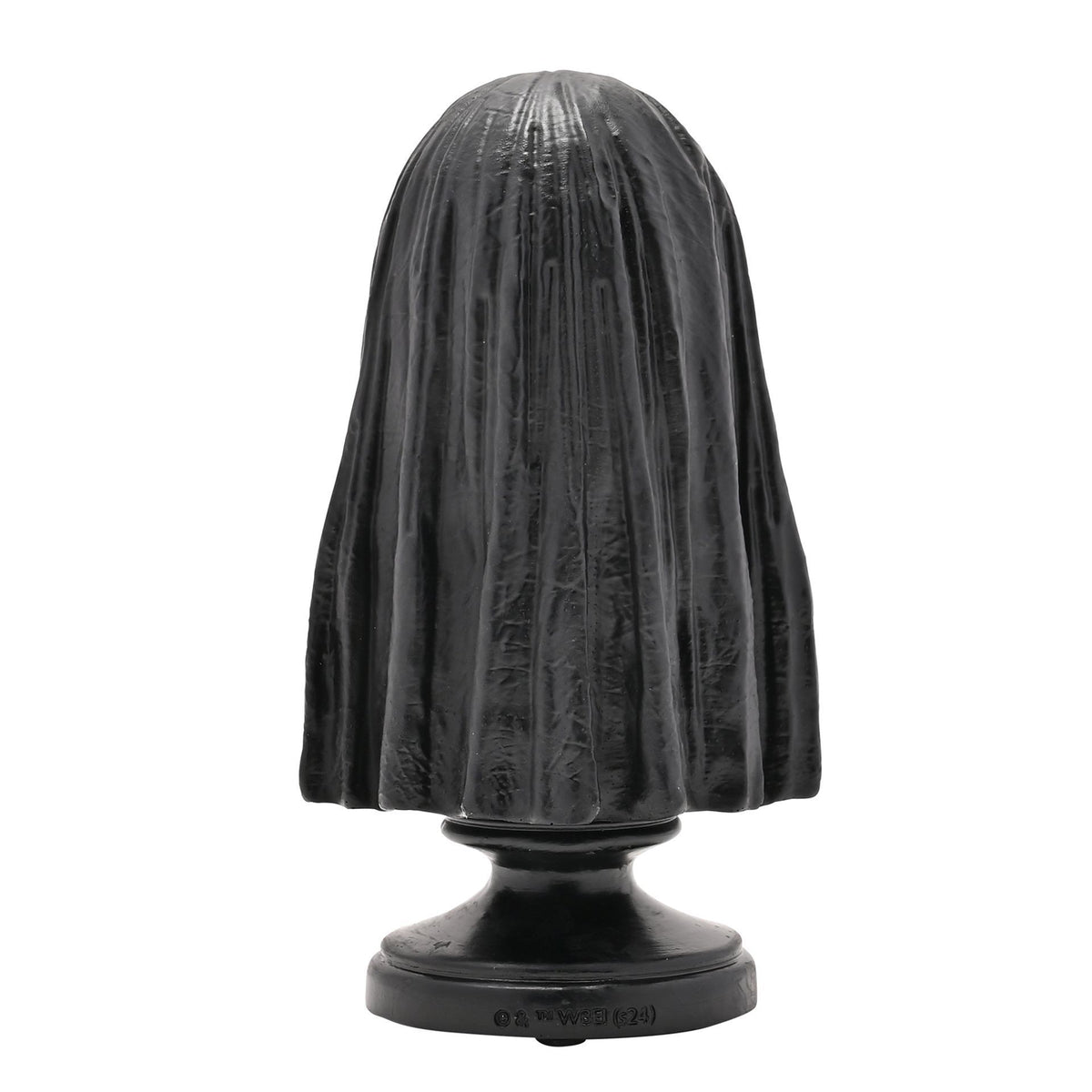 Back view of Death Eater bust figurine with textured black hood on base