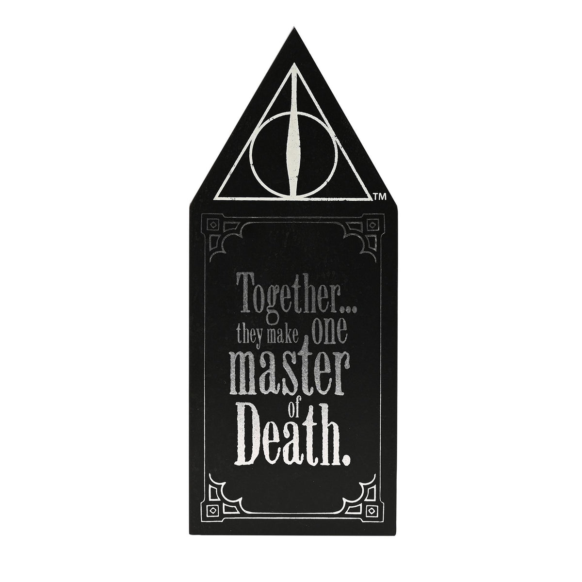 Black Deathly Hallows wooden plaque with triangle emblem and 'Together... master of Death' text