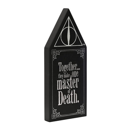Black wooden Deathly Hallows plaque, angled view, with triangle emblem and 'Together... master of Death'