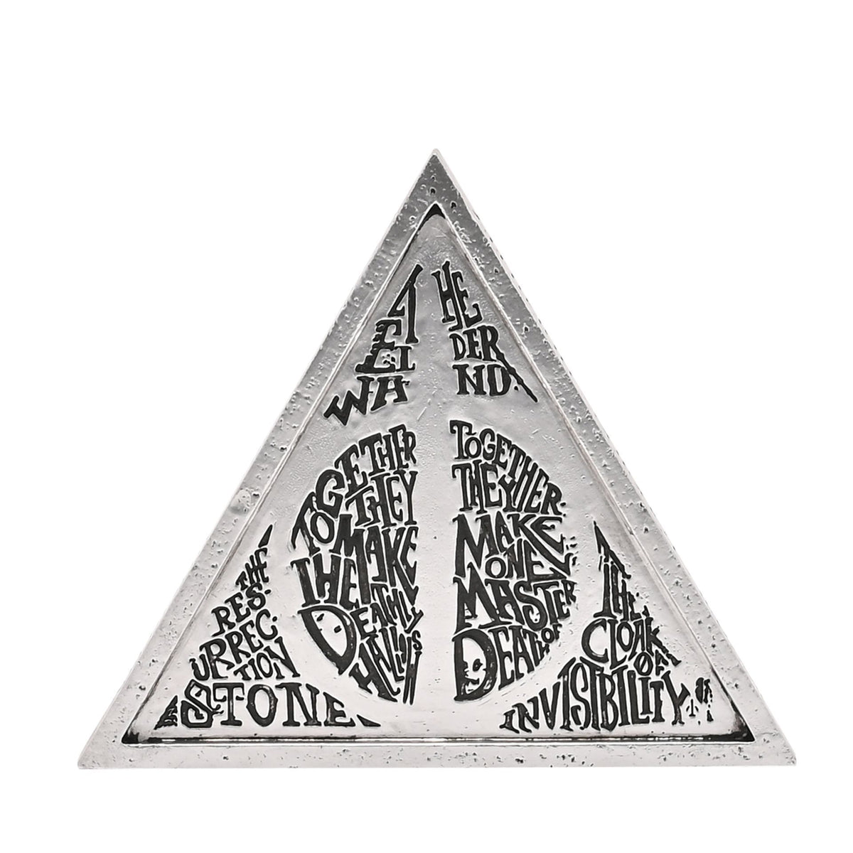Triangular white metal plaque with black mystical text and Deathly Hallows triangle graphic