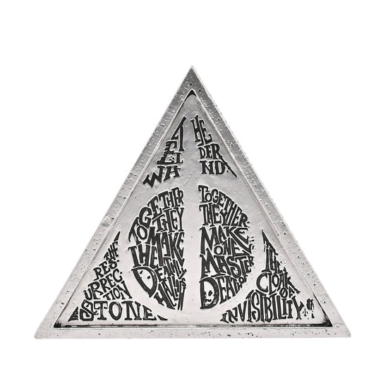 Triangular white metal plaque with black mystical text and Deathly Hallows triangle graphic