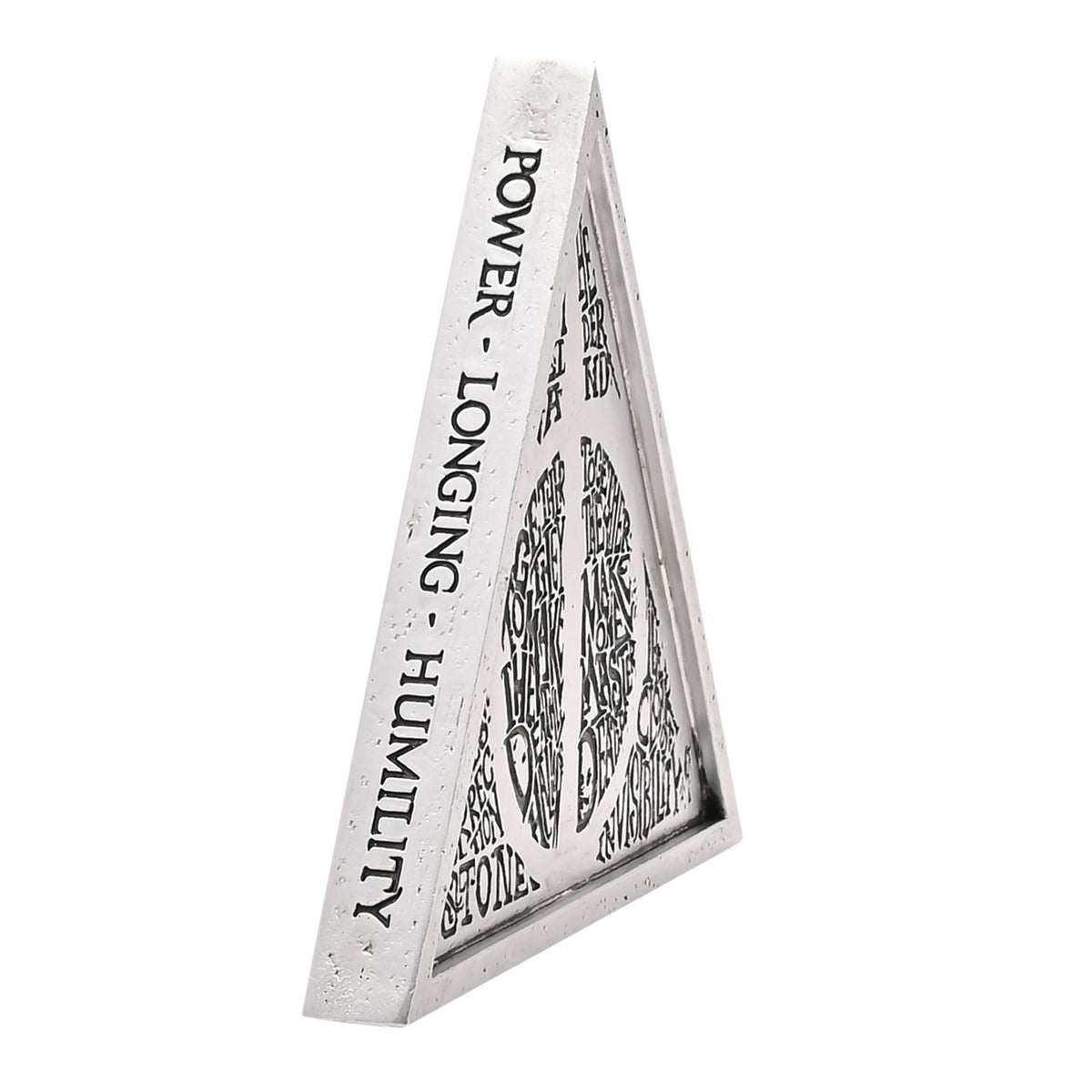 Triangular plaque side view with vertical black text including “Power” and “Stone”