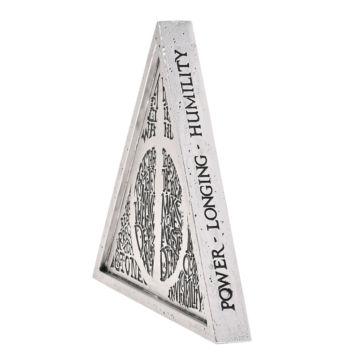 Triangular plaque side view with vertical black lettering including “LONGUM” and “POWER”