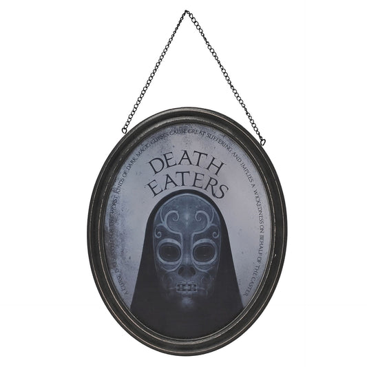 Oval mirrored plaque with hanging chain, 'DEATH EATERS' and blue skull art