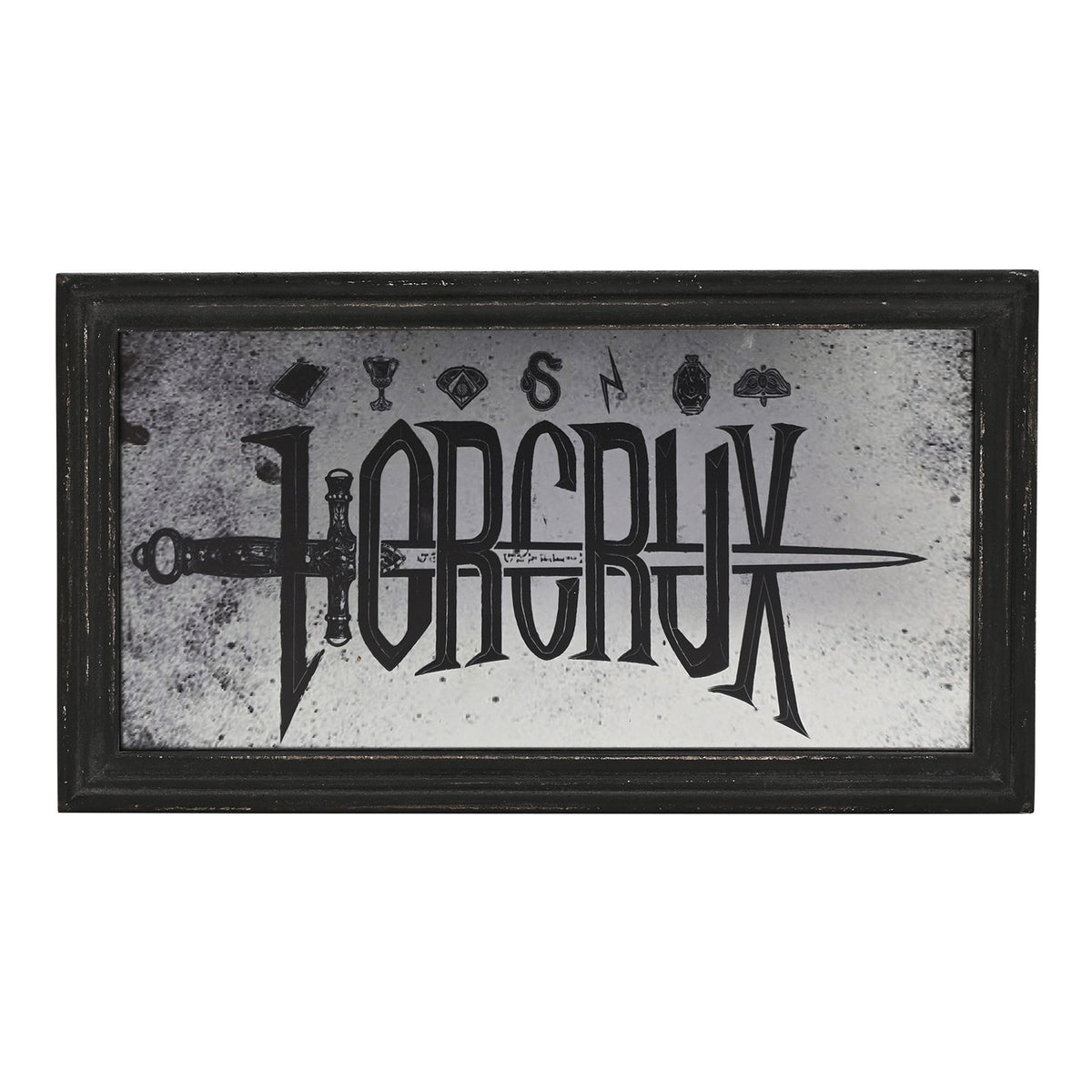 Black framed mirrored plaque with 'HORCRUX' lettering and small dark icons