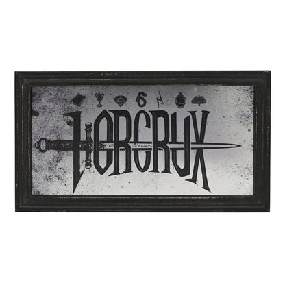 Black framed mirrored plaque with 'HORCRUX' lettering and small dark icons