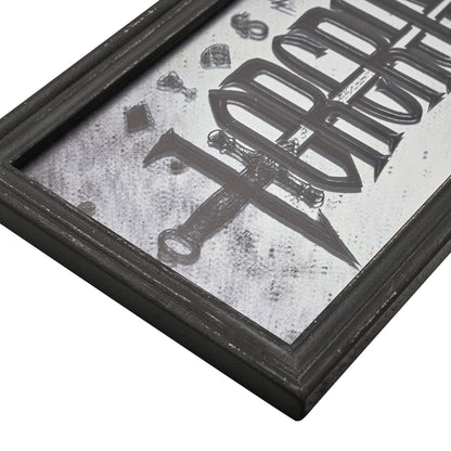 Angled view of black framed mirrored plaque showing 'HORCRUX' and symbols
