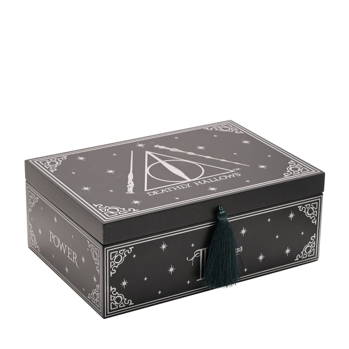 Black storage box with white “Deathly Hallows” emblem and “Power” side text