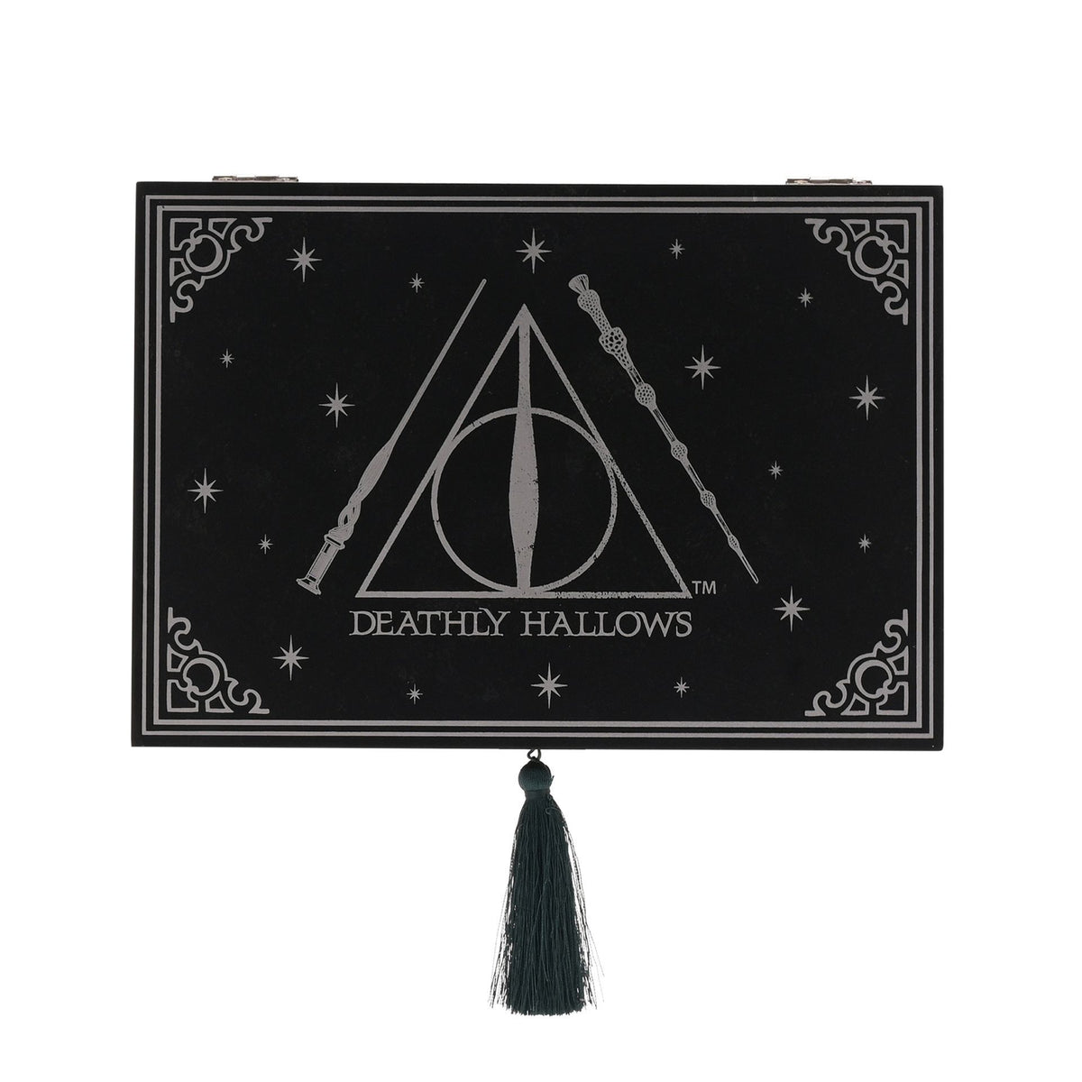 Rectangular black box with “Deathly Hallows” logo and small hanging tassel at front