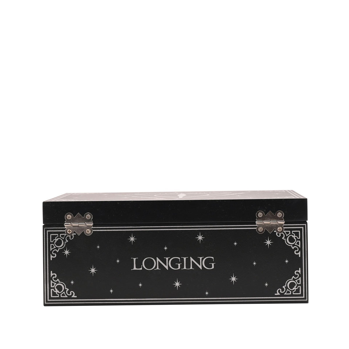 Flat black keepsake box with white star pattern and “Longing” label