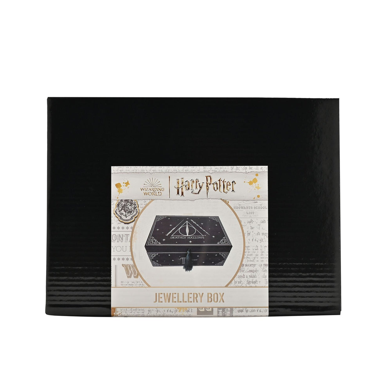 Black jewellery box packaging with “Harry Potter” label on top front