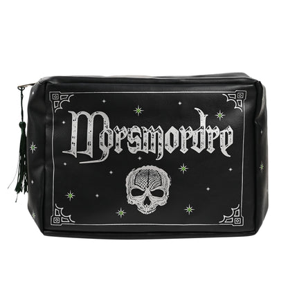 Black zip-top wash bag with skull and stars fantasy print, side tassel detail.