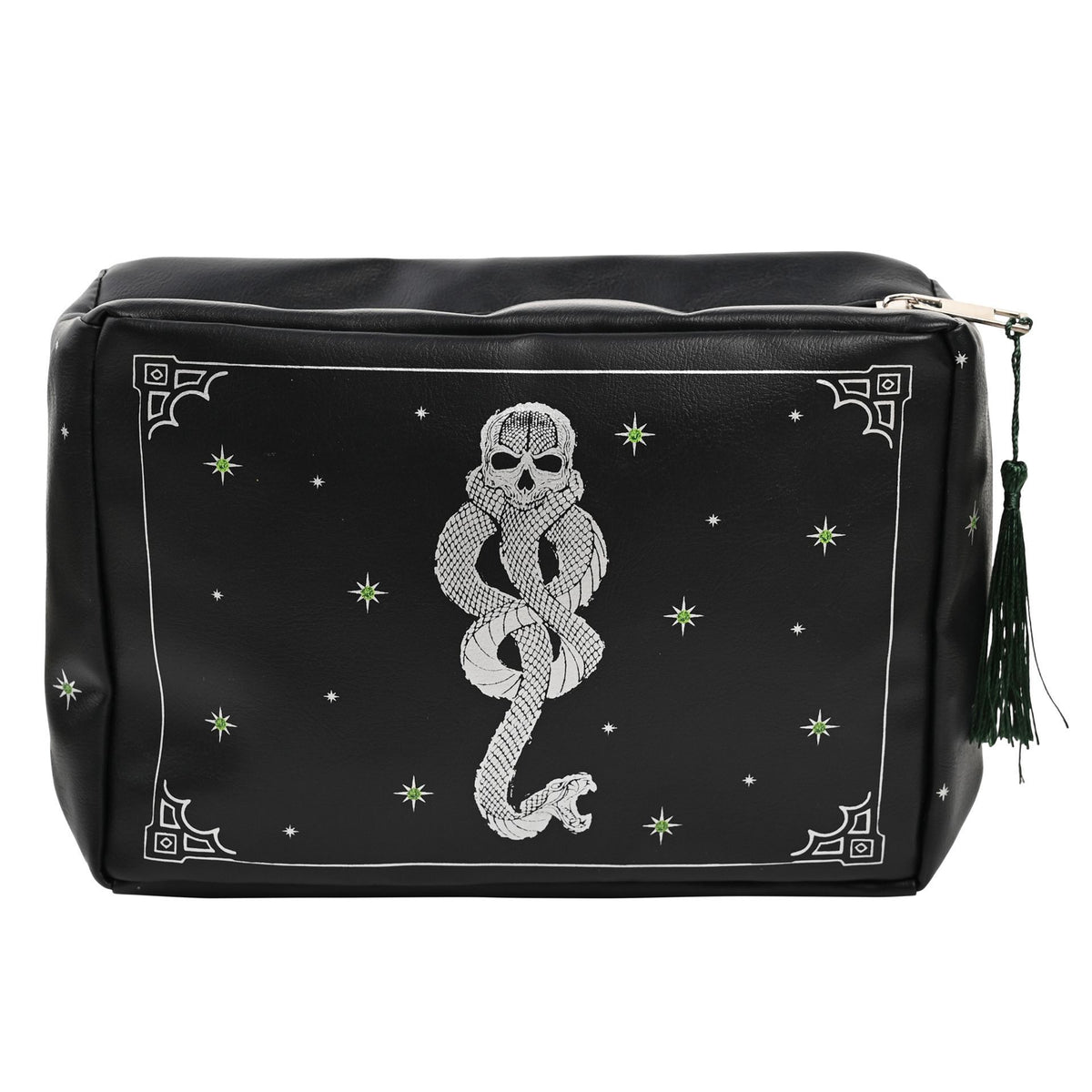 Black zip-top wash bag with hanging tassel and coiled snake skull graphic.