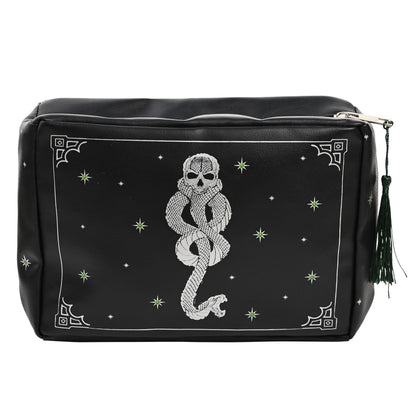 Black zip-top wash bag with hanging tassel and coiled snake skull graphic.