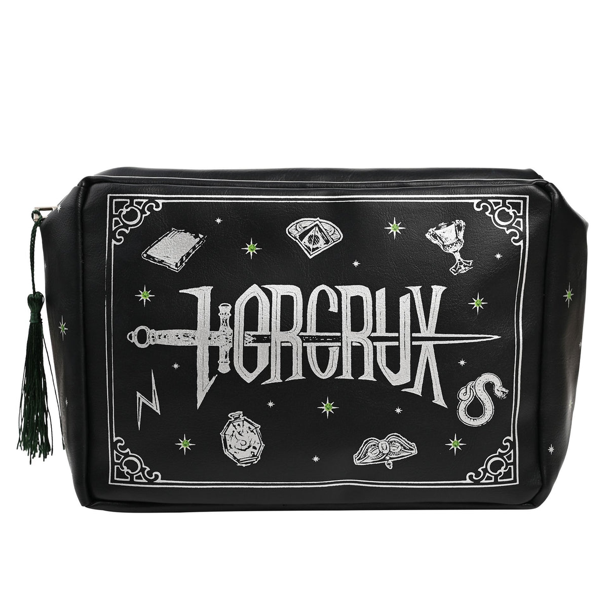 Black zippered wash bag with large white magical symbols graphic and side tassel