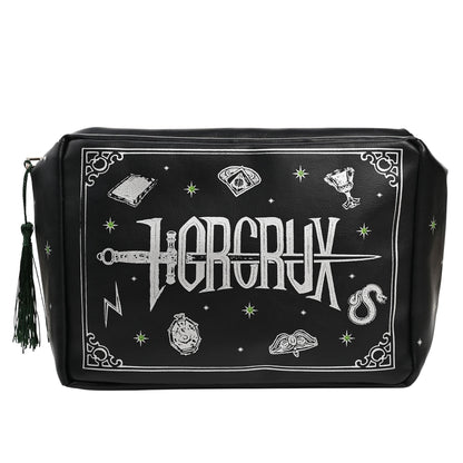 Black zippered wash bag with large white magical symbols graphic and side tassel