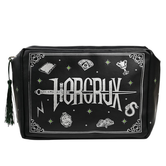 Black zippered wash bag with large white magical symbols graphic and side tassel