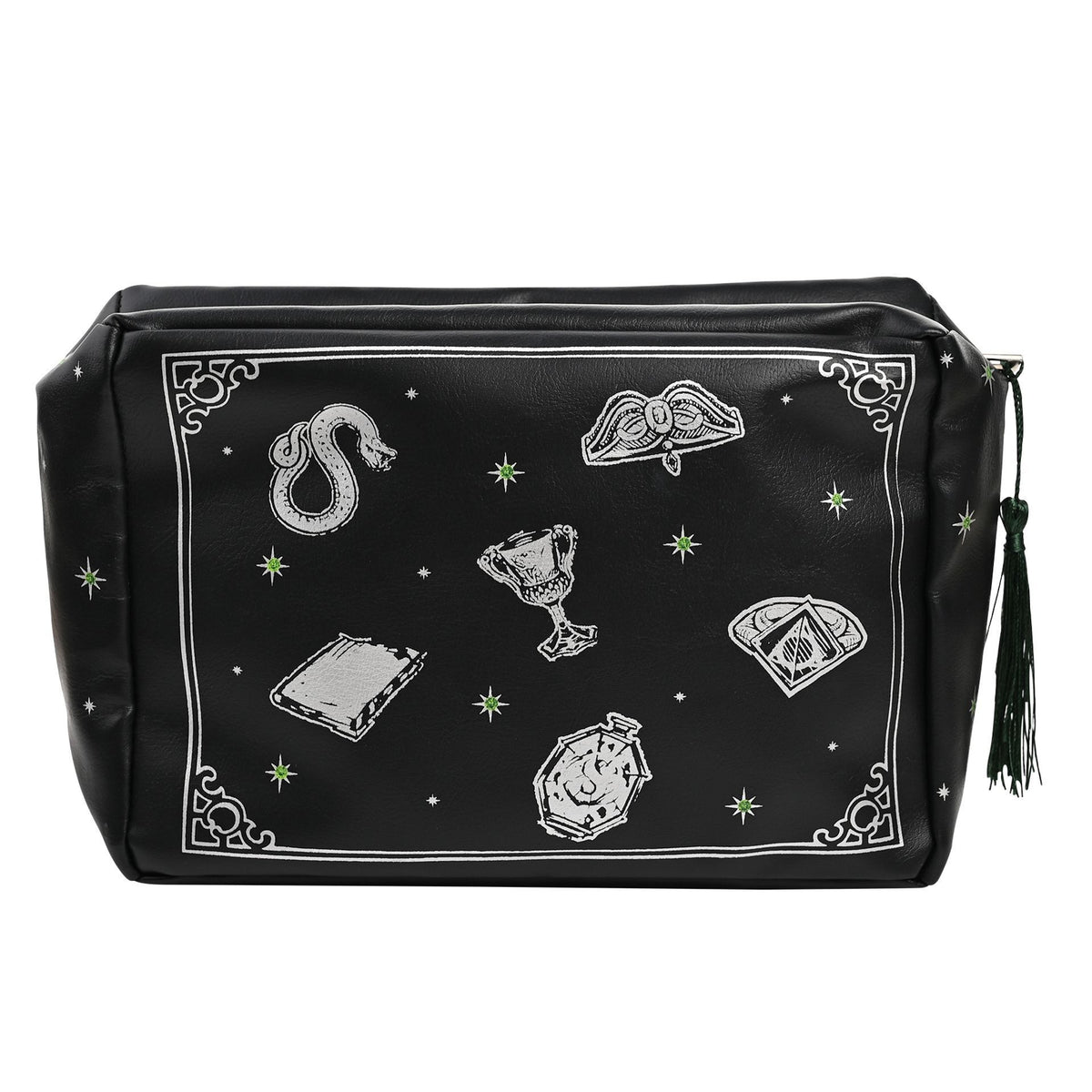 Black zippered wash bag with scattered white icon prints and dark-green side tassel