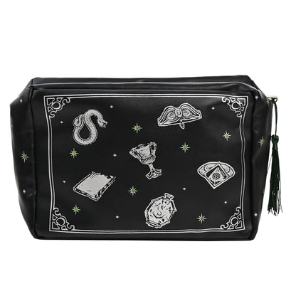 Black zippered wash bag with scattered white icon prints and dark-green side tassel