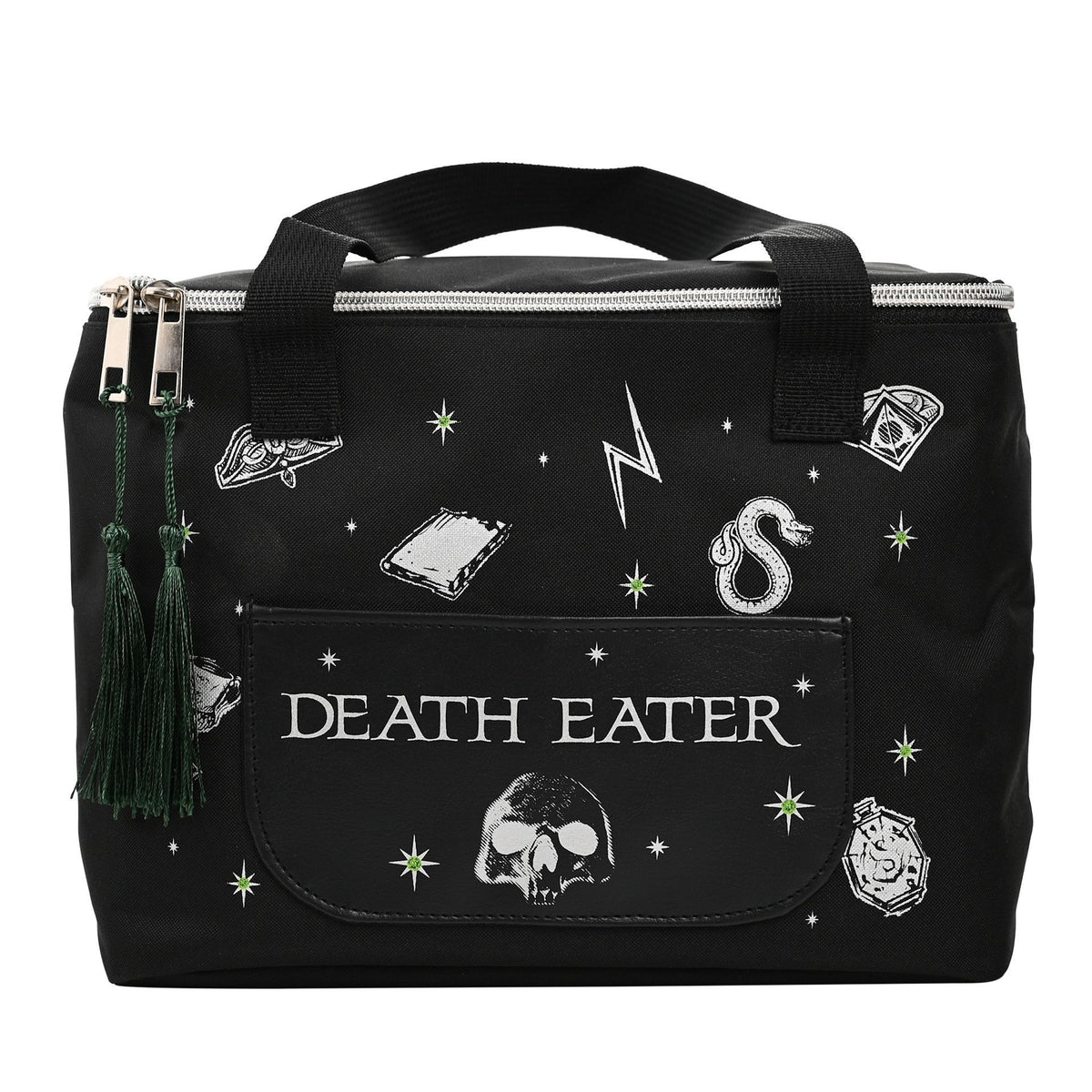 Black lunch bag with top handle and Death Eater front panel print, star icons