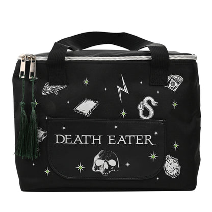 Black lunch bag with top handle and Death Eater front panel print, star icons