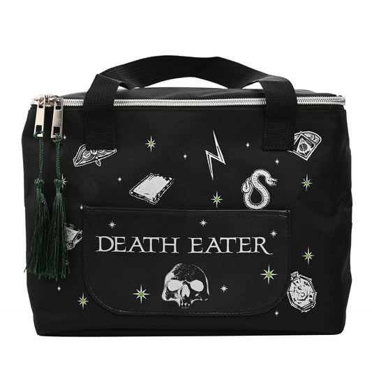 Black lunch bag with top handle and Death Eater front panel print, star icons