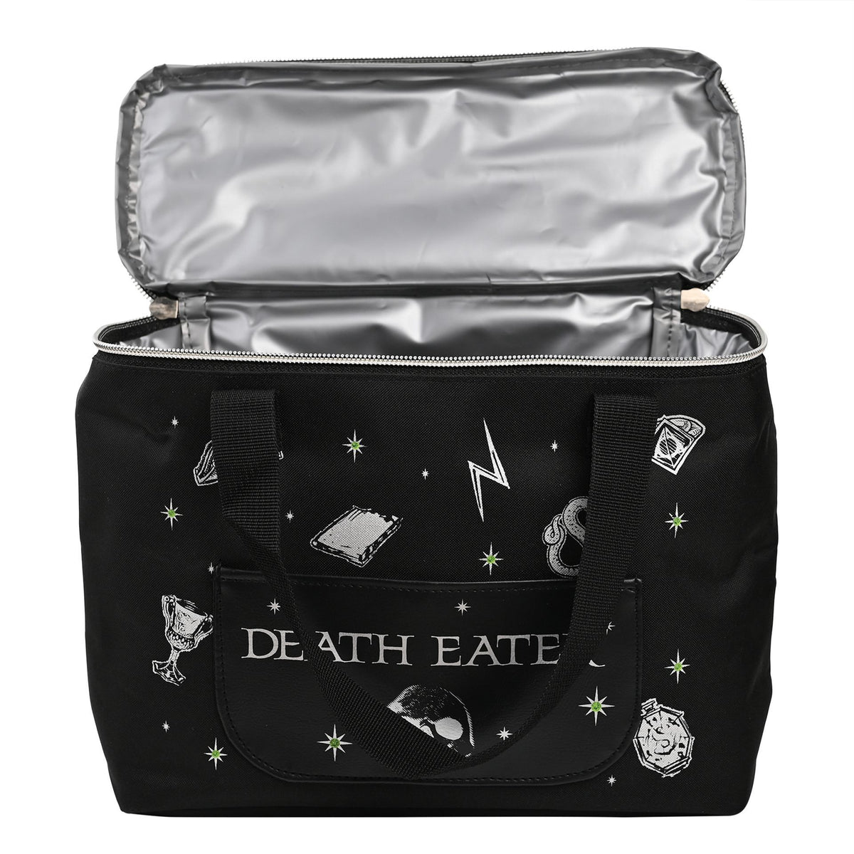 Black lunch bag open to show silver interior lining and front Death Eater print