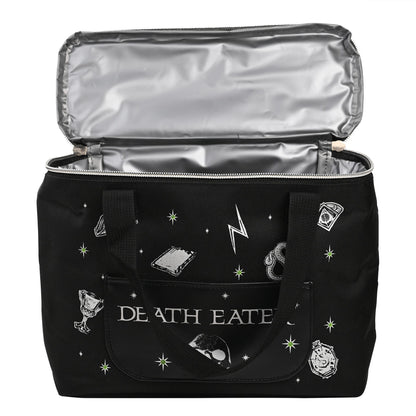 Black lunch bag open to show silver interior lining and front Death Eater print