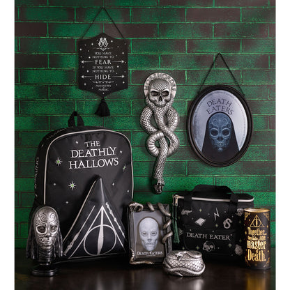 Black Death Eater themed lunch bag with front artwork and side zipper