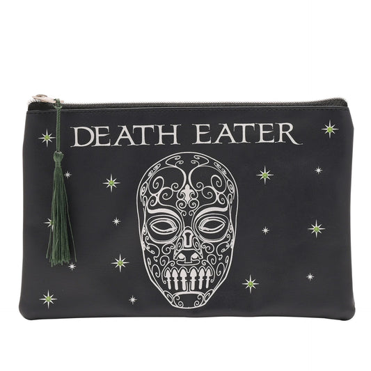 Black zipper makeup pouch with large Death Eater skull print and star accents