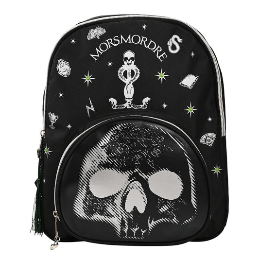Black backpack front with Morsmorde emblem, skull print pocket, and zip closure