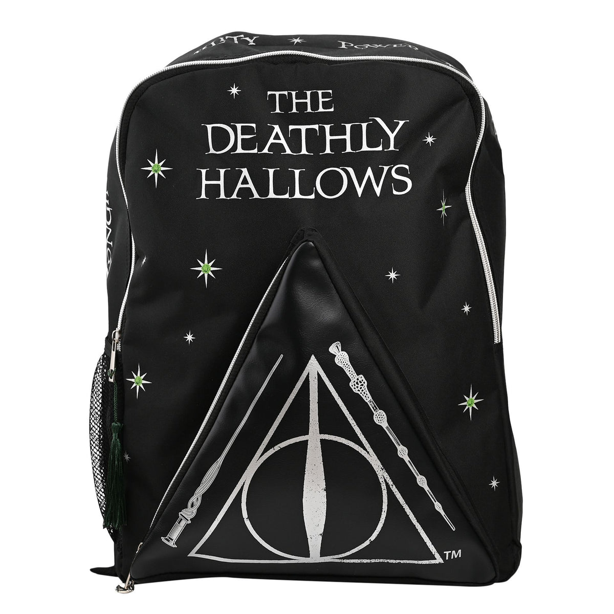 Harry Potter Deathly Hallows backpack, black front with star print and triangle dagger emblem.