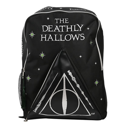 Harry Potter Deathly Hallows backpack, black front with star print and triangle dagger emblem.