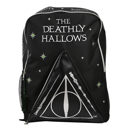 Harry Potter Deathly Hallows backpack, black front with star print and triangle dagger emblem.