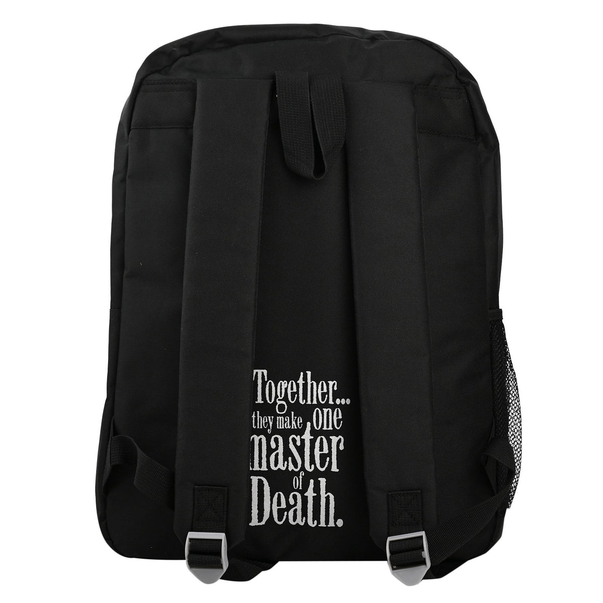 Harry Potter Deathly Hallows backpack back view, black with 'Together... master of Death' text.