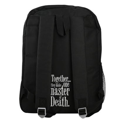 Harry Potter Deathly Hallows backpack back view, black with 'Together... master of Death' text.
